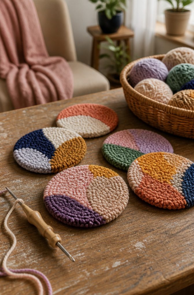 20 Cool Stuff to Make for Your Room in 2026: DIY Ideas 7 Thick punch needle rug coasters displayed under a glass.