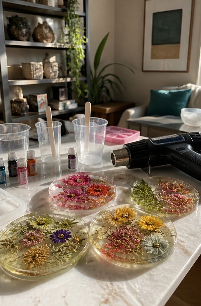 20 Cool Stuff to Make for Your Room in 2026: DIY Ideas 6 Freshly poured resin coasters with flowers set on a polished table.