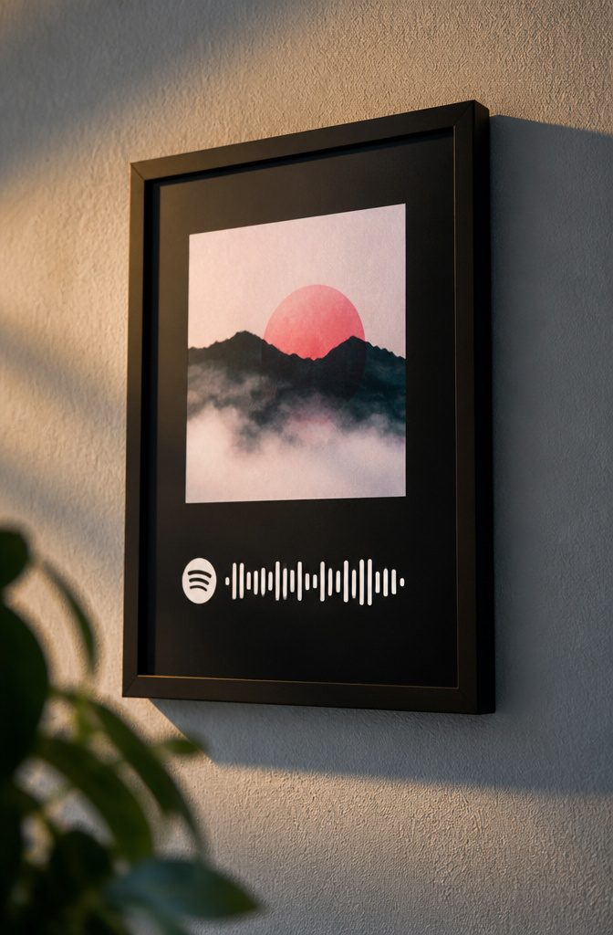 20 Cool Stuff to Make for Your Room in 2026: DIY Ideas 9 A printed album cover with a Spotify code displayed on a wall.