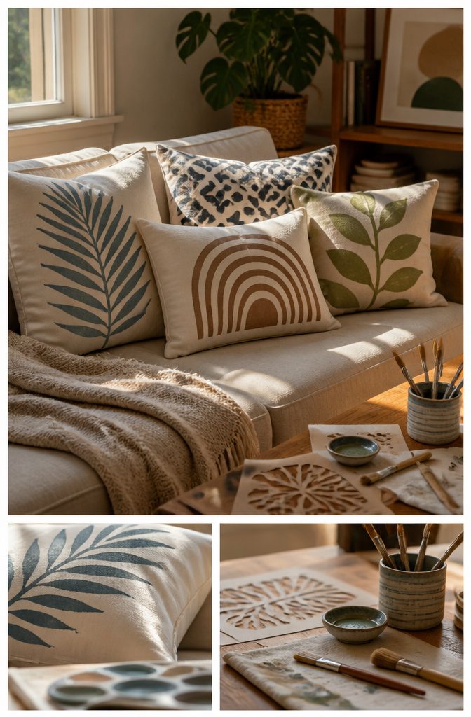 20 Cool Stuff to Make for Your Room in 2026: DIY Ideas 20 Cotton pillow cover with a stenciled design and paint supplies.