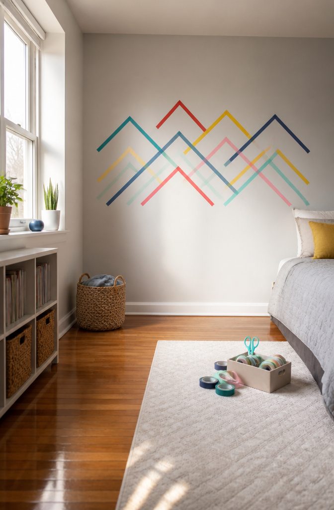 20 Cool Stuff to Make for Your Room in 2026: DIY Ideas 14 Geometric patterns created with washi tape on a wall.