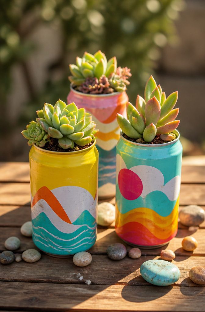 Several beer cans converted into planters with soil and plants.