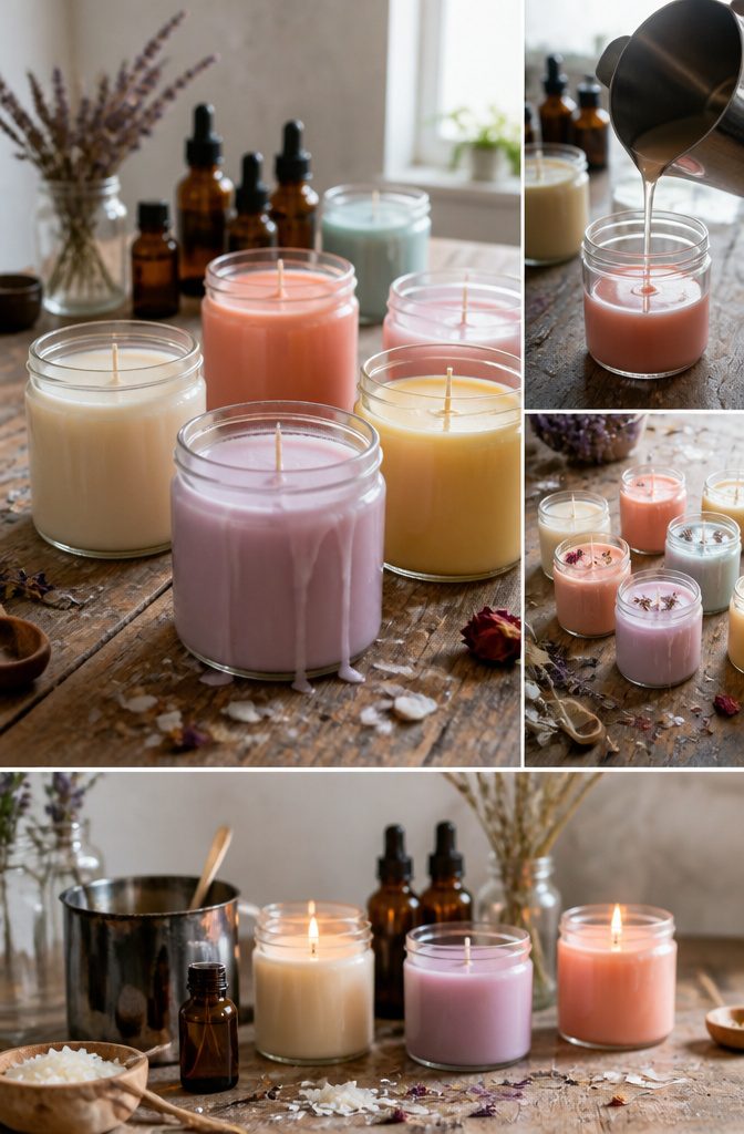 A collection of candle-making supplies including wax and jars.