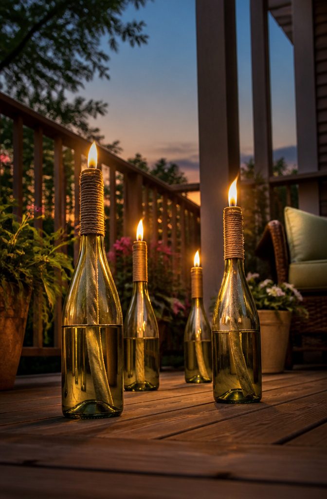Glass jars filled with citronella oil and wicks for outdoor use.