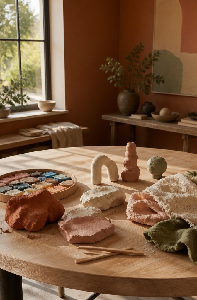 A table covered with earth-toned air-dry clay and fabric scraps.