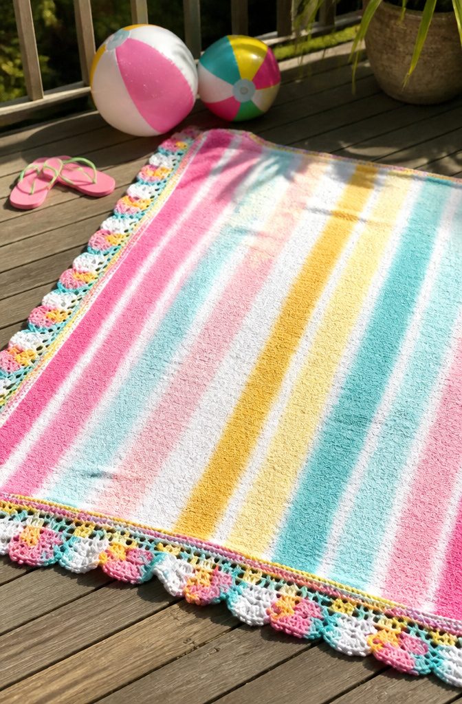 A beach towel with a colorful crochet border.