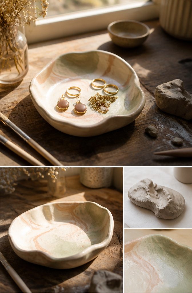 A trinket dish made from air-dry clay displayed on a surface.