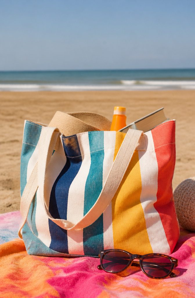 A striped beach bag placed on a beach towel.
