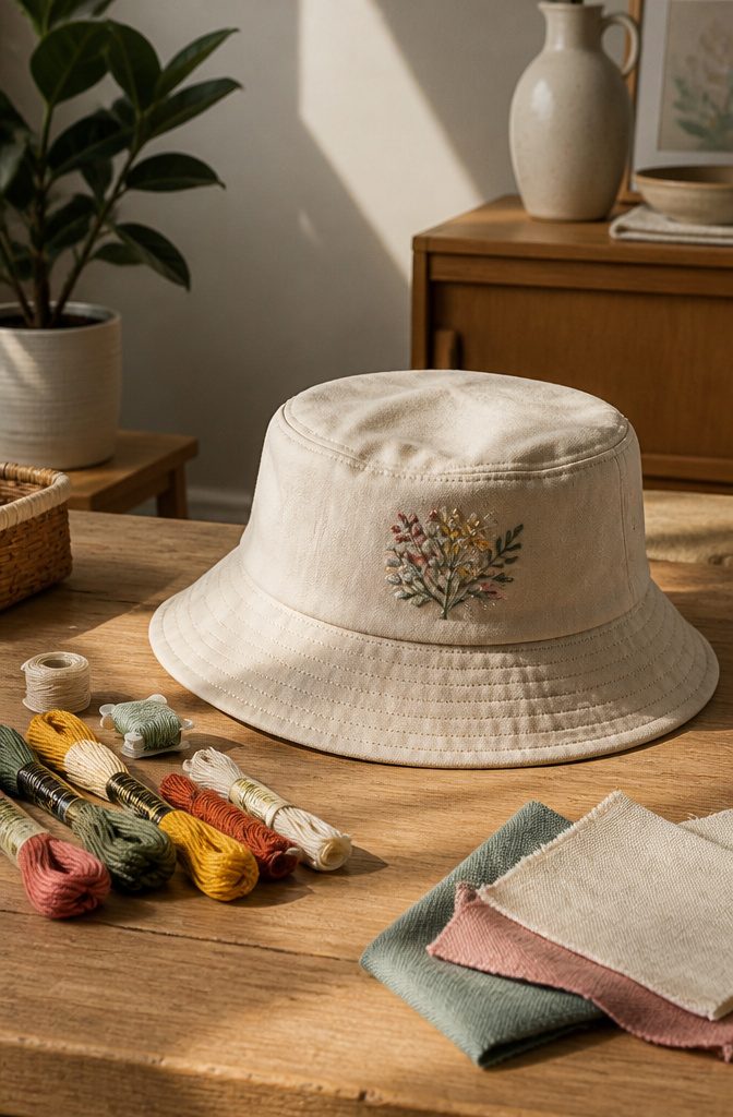 A garden hat with a small floral embroidery on the side.