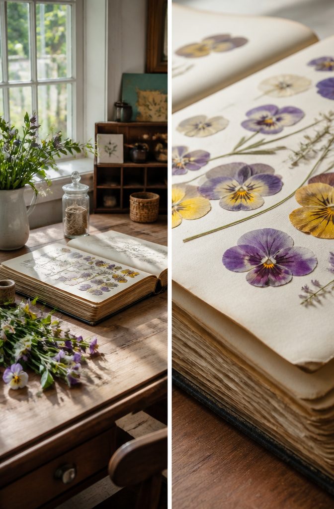 Dried flowers pressed between sheets of paper in a book.