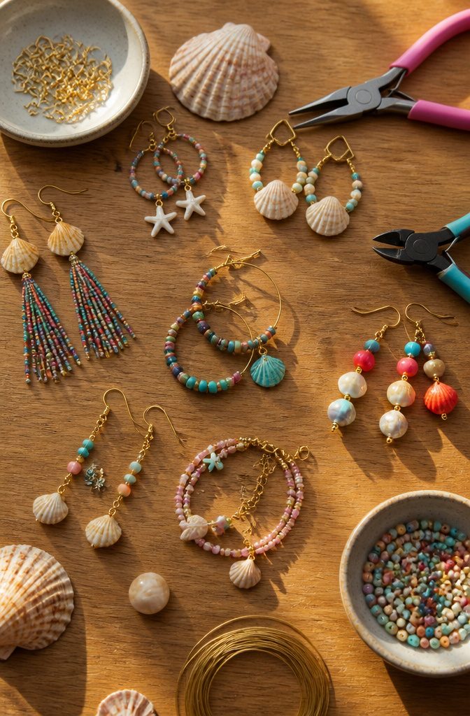Jewelry-making supplies including beads and wire.