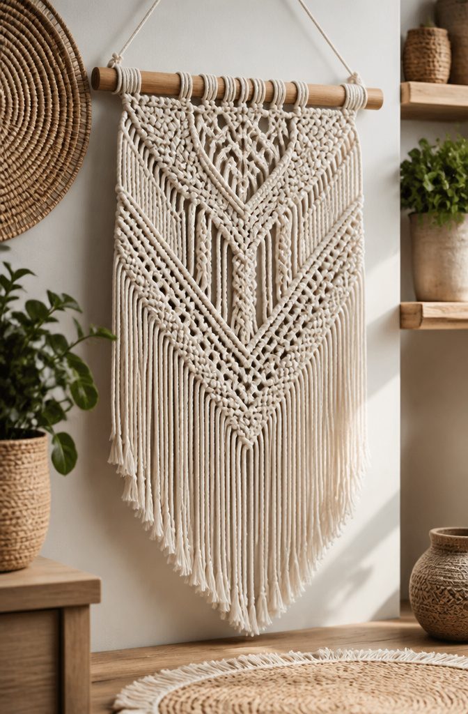 A wall hanging made from knotted cord and a wooden dowel.