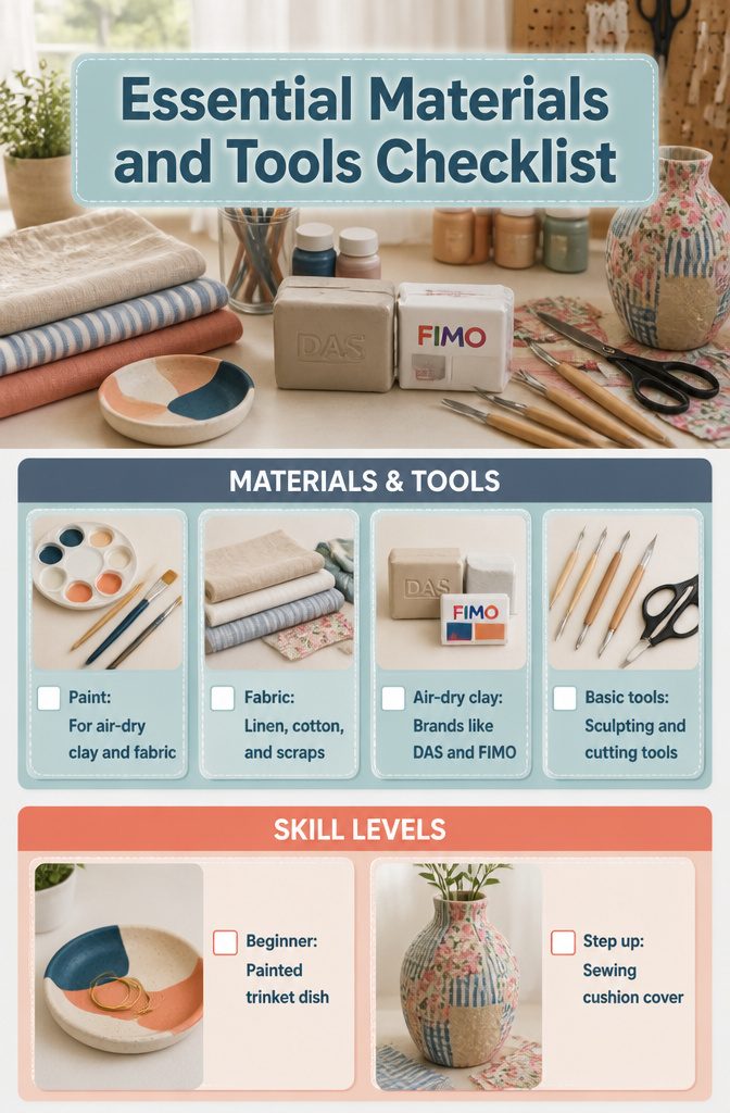 A list of essential materials and tools for crafting projects.
