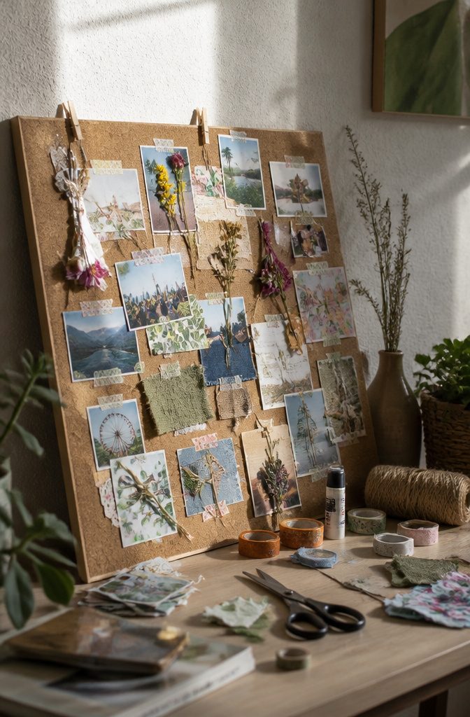 A memory board filled with ticket stubs and pressed flowers.