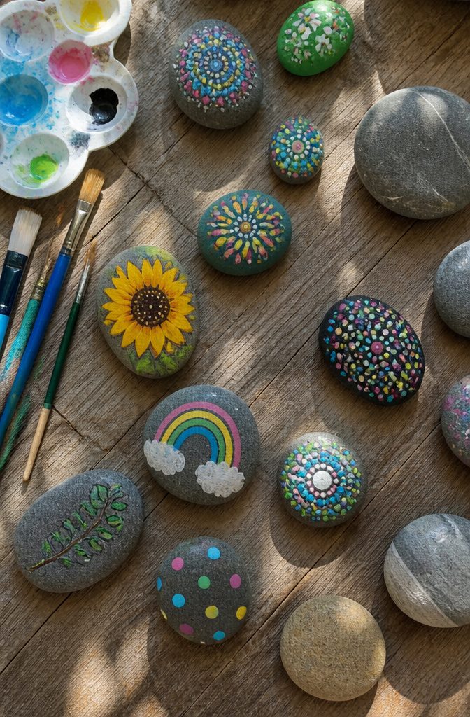 A collection of painted rocks in various colors and patterns.