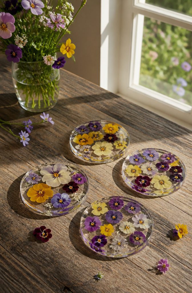 A set of coasters featuring pressed flowers encased in resin.