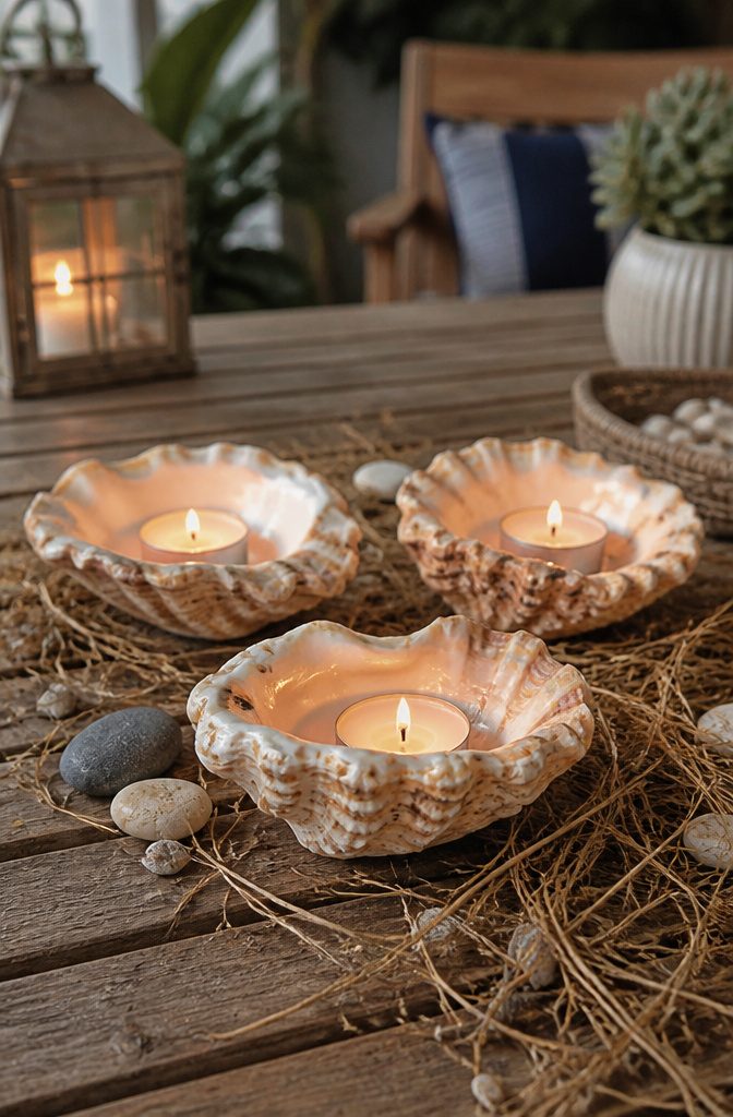 Three large seashells with embedded tea light candles.