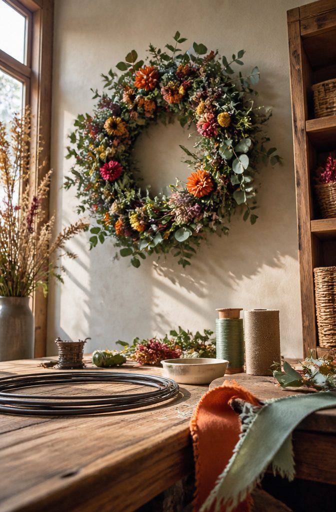 A wreath decorated with seasonal elements for summer.