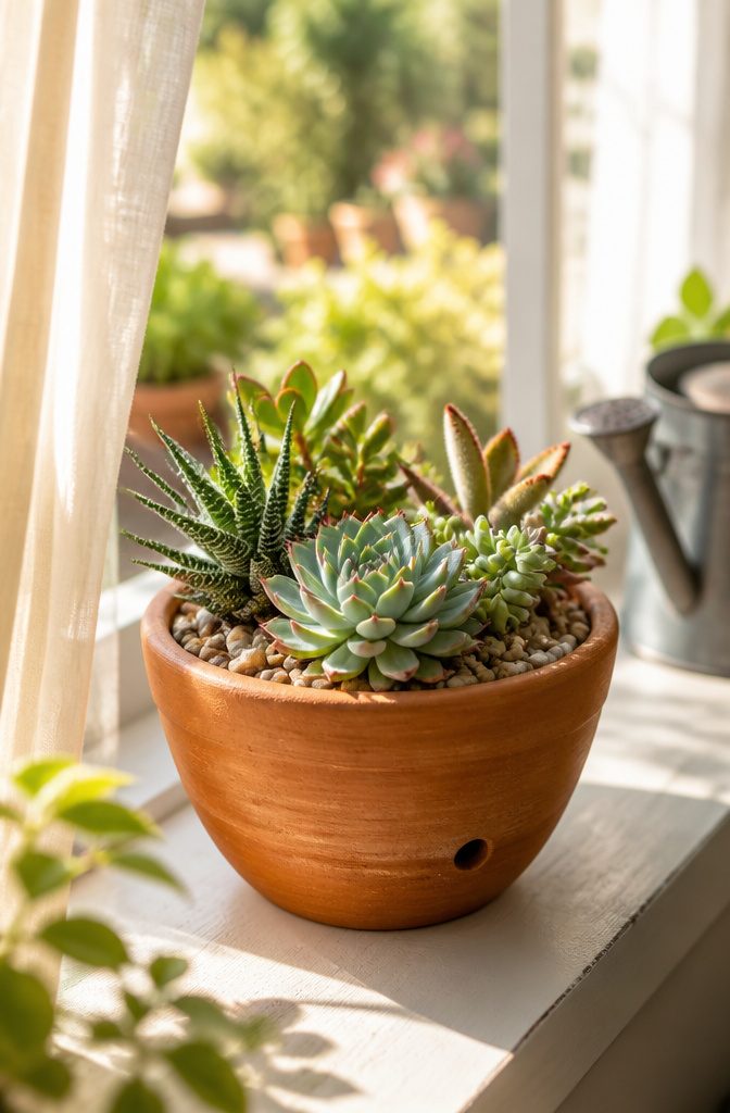 A succulent planter filled with small plants and decorative stones.