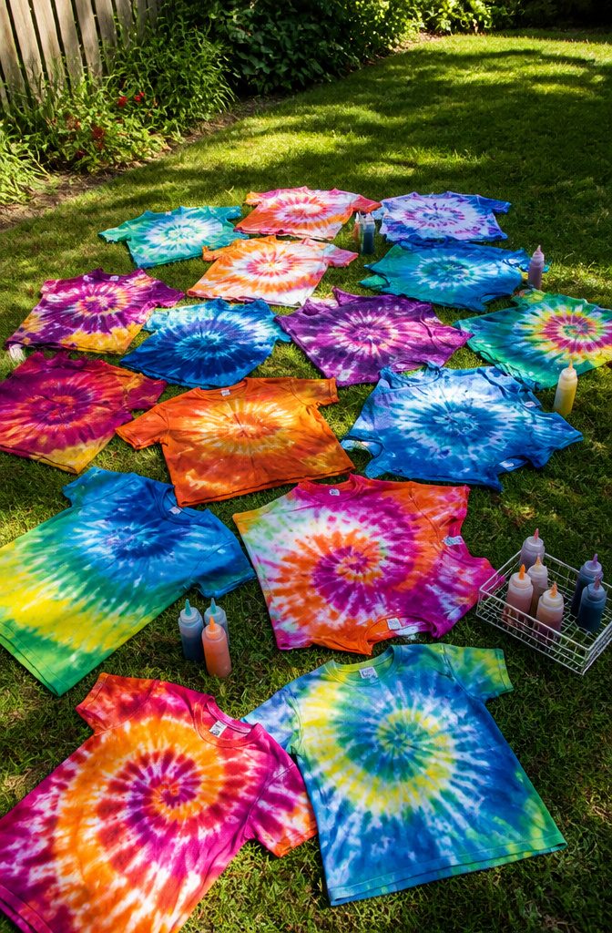 A variety of tie-dyed t-shirts arranged on grass.