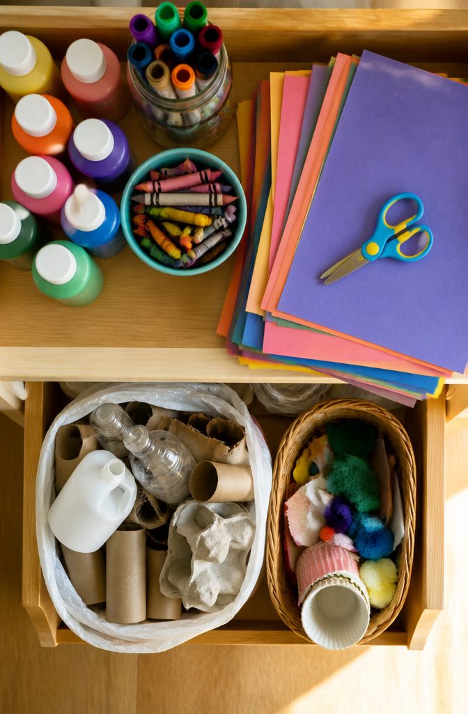 A collection of craft supplies, including paint, markers, and scissors.