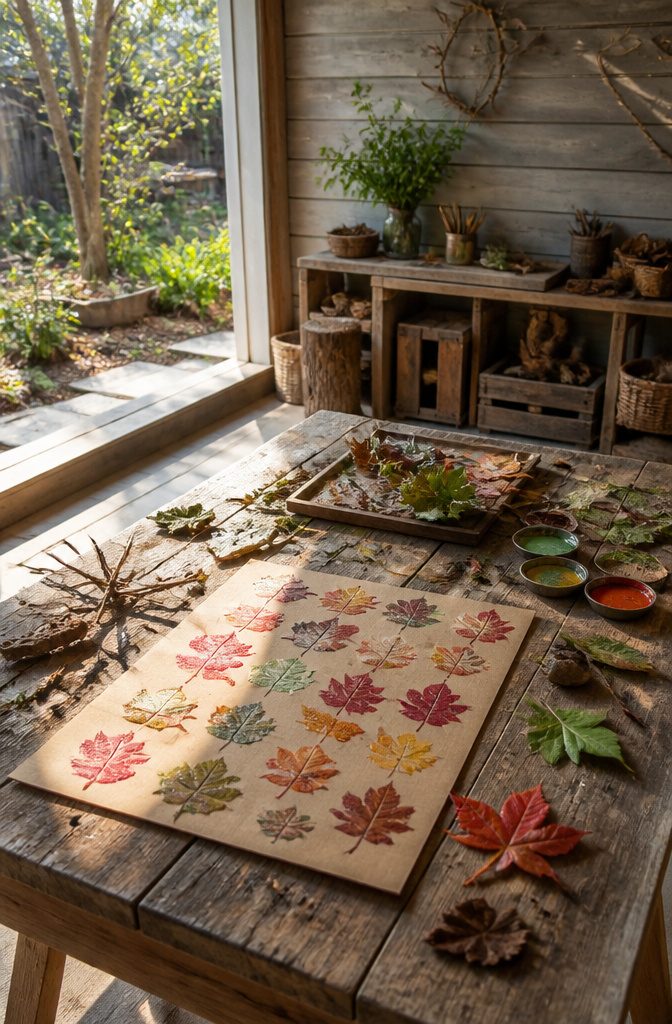 Leaves dipped in paint create prints on paper.