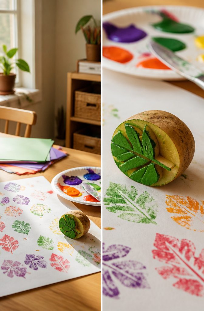 A potato cut for stamping, with paper showing colorful prints.