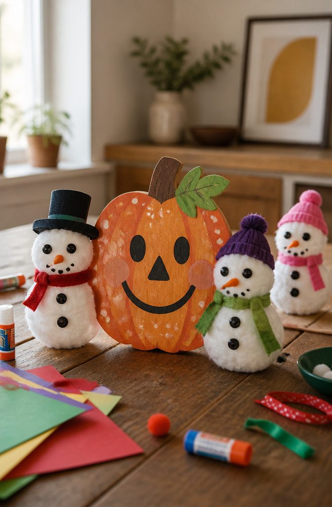 A collection of holiday crafts, including pumpkin decorations.