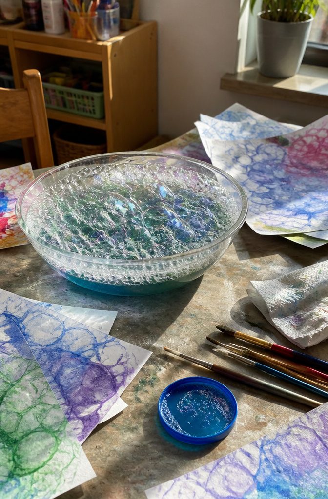 A bowl of bubble mixture with papers showing bubble patterns.