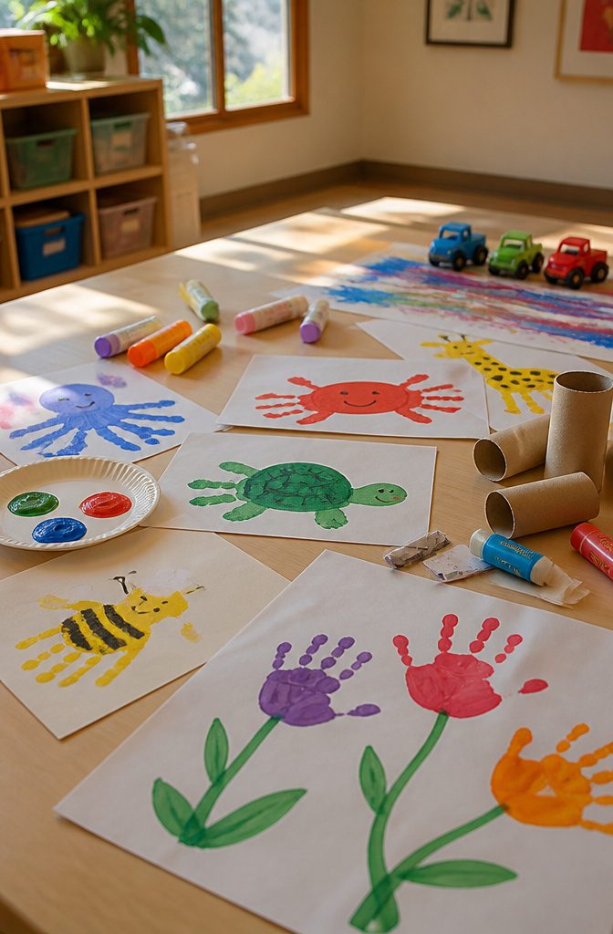 Vibrant handprint art displayed on a table, showing various designs.