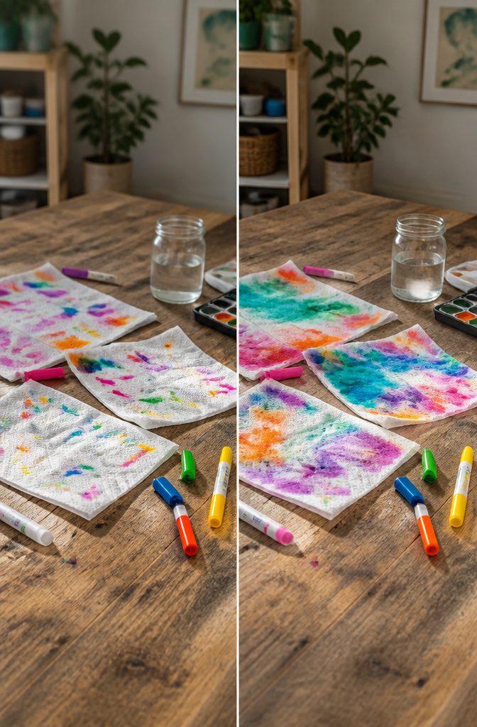 Colorful paper towels showing different scribbles and color blending.