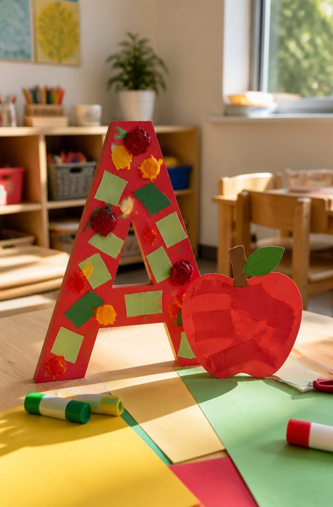 25 Preschool Crafts for Kids: Easy Back to School Ideas 15 A capital letter A crafted from red card stock and colorful scraps.