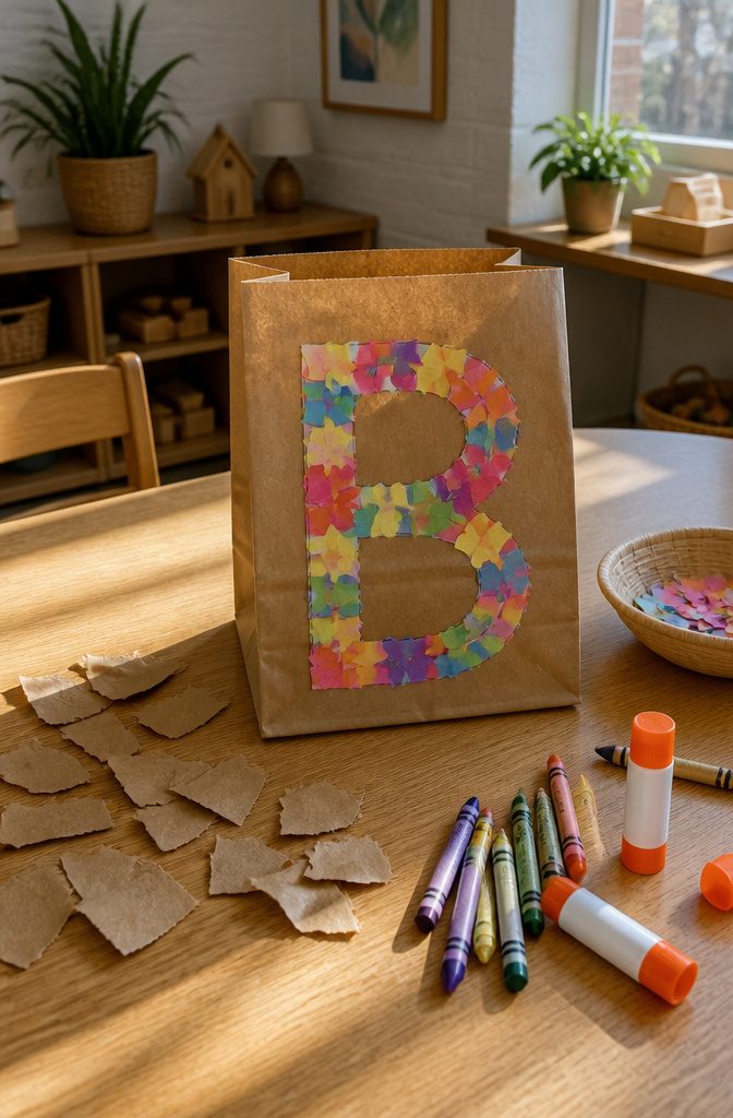 25 Preschool Crafts for Kids: Easy Back to School Ideas 16 A large brown bag covered with colorful paper pieces in the shape of B.