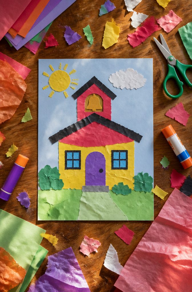 25 Preschool Crafts for Kids: Easy Back to School Ideas 22 A colorful collage created from torn construction and tissue paper.