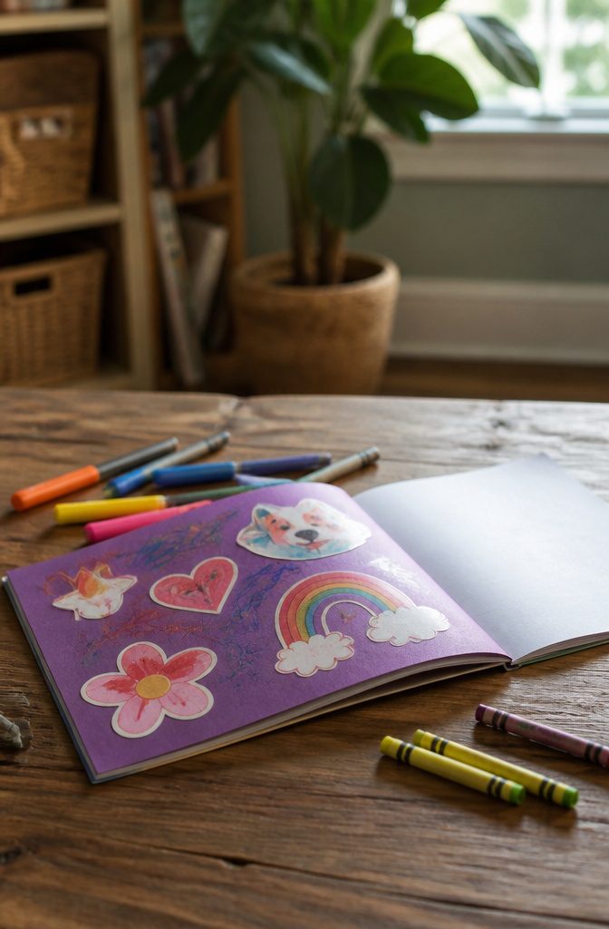 25 Preschool Crafts for Kids: Easy Back to School Ideas 13 An open coloring book with a construction paper cover and crayons.