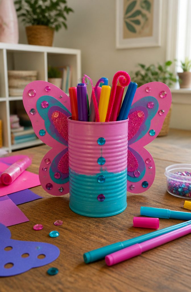 25 Preschool Crafts for Kids: Easy Back to School Ideas 8 A painted can with construction paper wings resembling a butterfly.