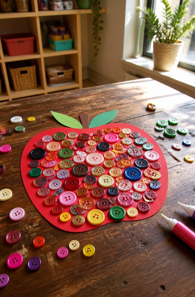 25 Preschool Crafts for Kids: Easy Back to School Ideas 5 An apple shape covered in assorted buttons on a wooden table.