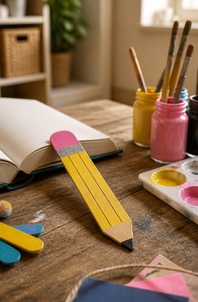 25 Preschool Crafts for Kids: Easy Back to School Ideas 20 A painted craft stick bookmark designed to resemble a pencil.