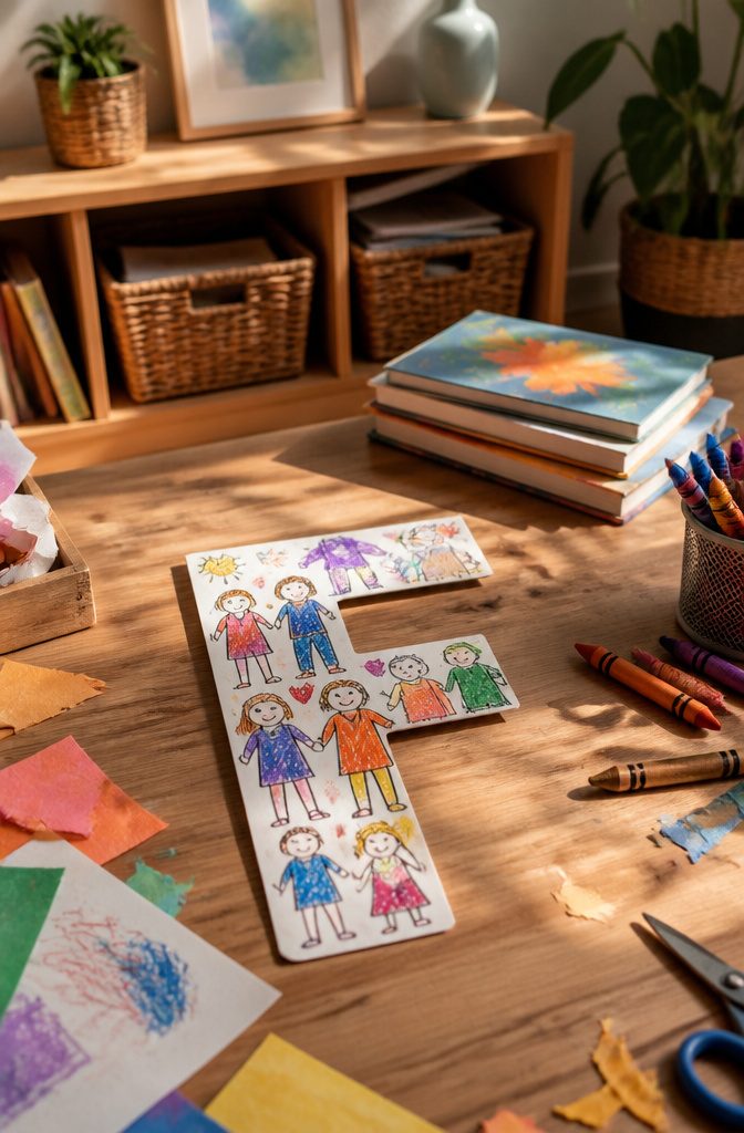 25 Preschool Crafts for Kids: Easy Back to School Ideas 19 A capital letter F decorated with crayon drawings of family members.
