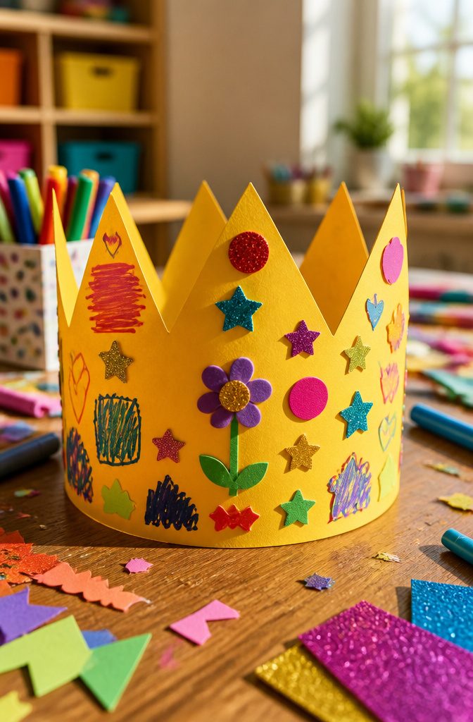 A decorated paper crown with the text '[Name]'s First Day of School.'