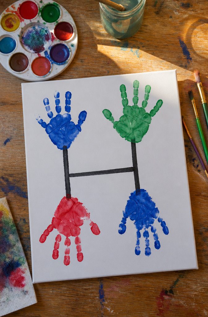 25 Preschool Crafts for Kids: Easy Back to School Ideas 21 Two painted handprints forming a letter H on paper.