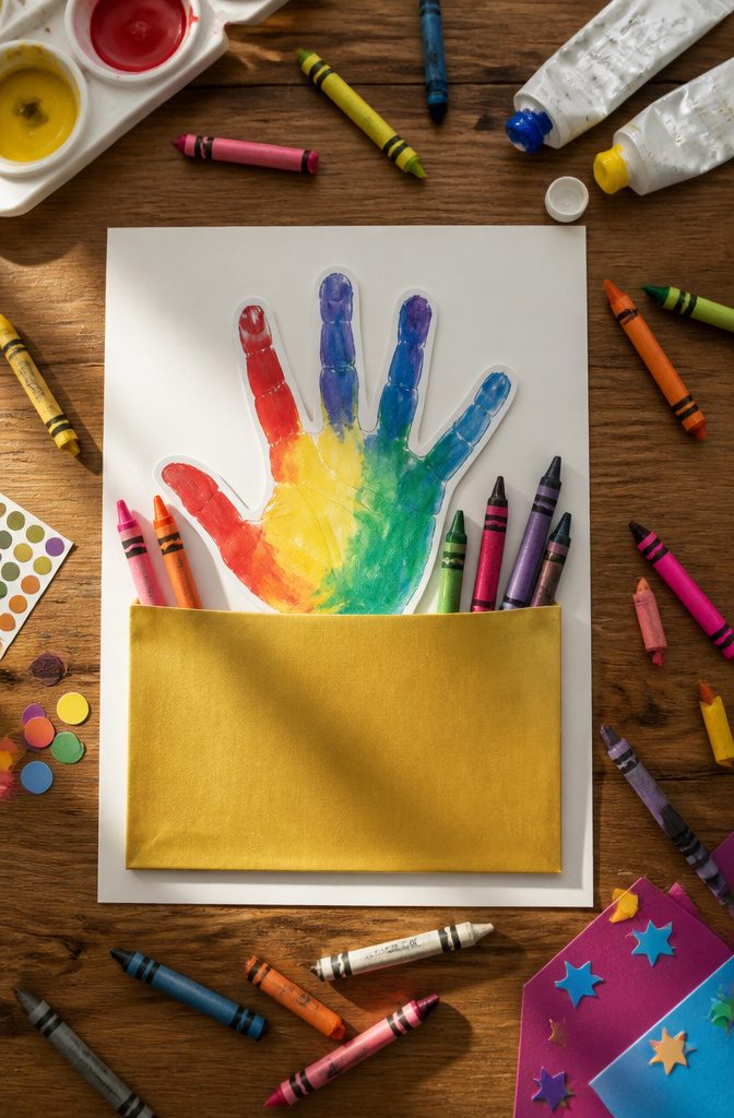 25 Preschool Crafts for Kids: Easy Back to School Ideas 9 A child's painted handprint with a gold base labeled 'Crayons.'