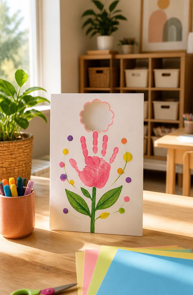 25 Preschool Crafts for Kids: Easy Back to School Ideas 4 A decorated page featuring a child's handprint as a flower.