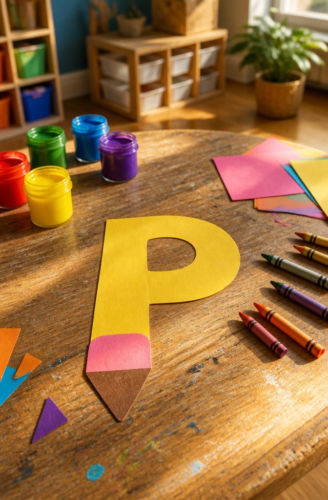 25 Preschool Crafts for Kids: Easy Back to School Ideas 23 A yellow paper letter P embellished with pink and brown shapes.