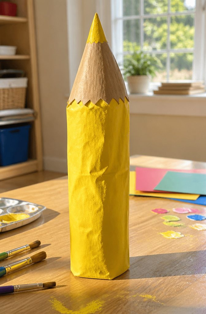 25 Preschool Crafts for Kids: Easy Back to School Ideas 6 A pencil crafted from a paper bag with a painted yellow body.