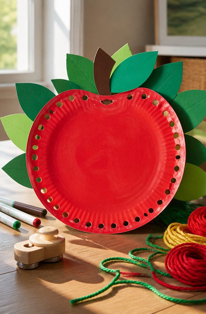 25 Preschool Crafts for Kids: Easy Back to School Ideas 2 A paper plate apple with holes punched around the edge for lacing.
