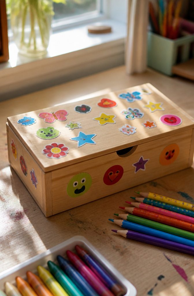 25 Preschool Crafts for Kids: Easy Back to School Ideas 7 A pencil box covered in stickers and a name in adhesive letters.
