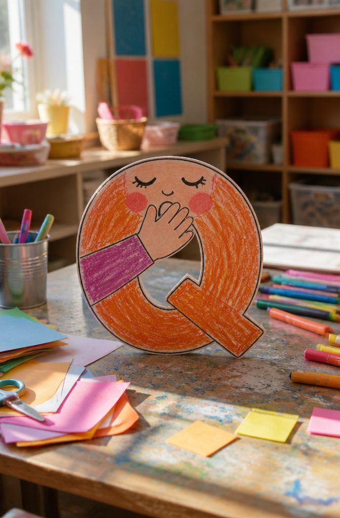 25 Preschool Crafts for Kids: Easy Back to School Ideas 24 A letter Q crafted from a drawing of a face indicating quiet.