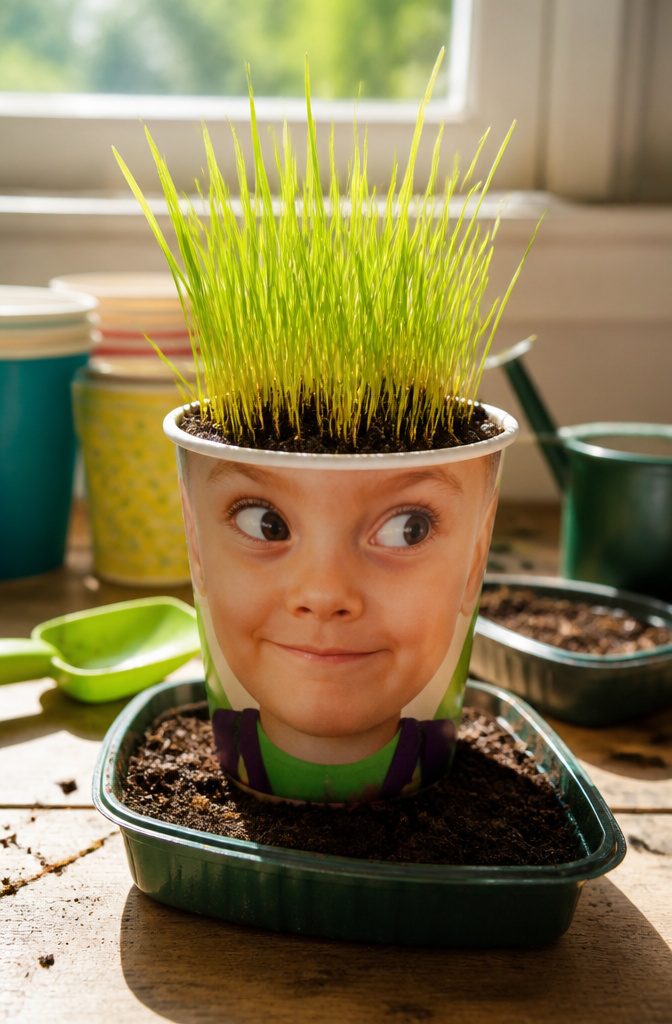 25 Preschool Crafts for Kids: Easy Back to School Ideas 14 A cup with a photo glued on top, filled with soil and grass seeds.