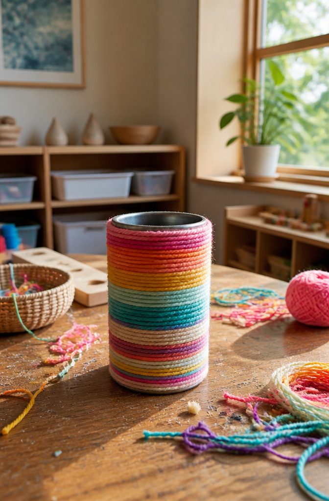 25 Preschool Crafts for Kids: Easy Back to School Ideas 18 A can covered in vibrant yarn spiraled around its body.